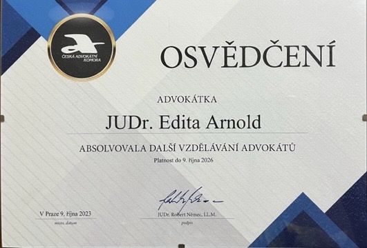 Osvědčení o dalším vzdělávání advokátů — JUDr. Edita Arnold